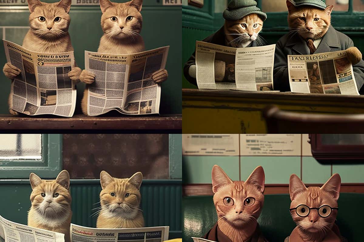Mensaje: 2 gatos tristes leyendo un periódico en una película de Wes Anderson